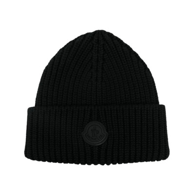 Zwarte Gebreide Muts met Rubberen Logo Moncler , Black , Unisex