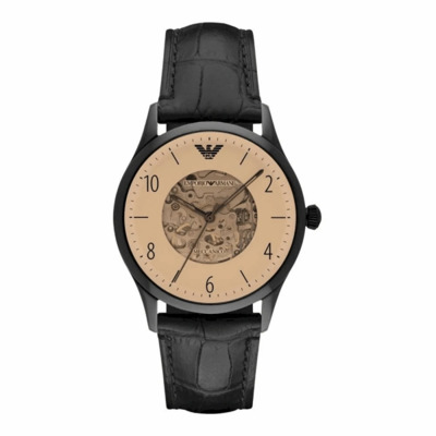 Automatisch Roestvrij Staal Zwart Leren Horloge Emporio Armani , Black , Heren