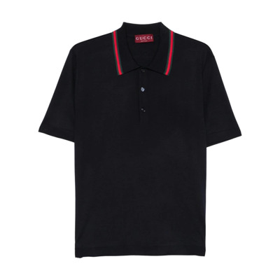 Blauwe Wollen Polo Shirt met Web Kraag Gucci , Black , Heren