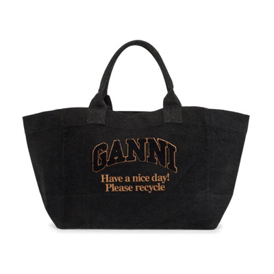 Denim Logo Tote Tas met Geborduurd Logo Ganni , Black , Dames