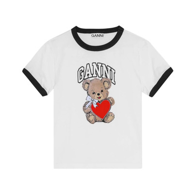 Teddy Bear Logo Print T-shirt Ganni , White , Dames