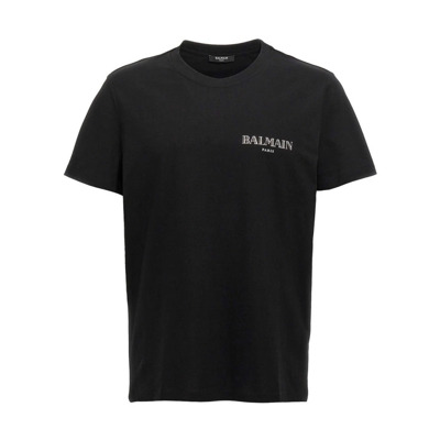 Zwart Katoenen T-shirt met Logo Balmain , Black , Heren