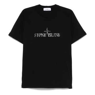 Zwarte Crew Neck T-shirt met Front Print Stone Island , Black , Heren