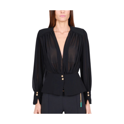 Zwarte Georgette Cross-Neck Lange Mouw Blouse Elisabetta Franchi , Black , Dames