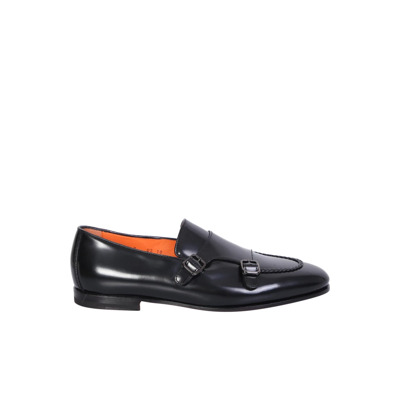 Zwarte Leren Loafers met erstelbare Gespsluiting Santoni , Black , Heren