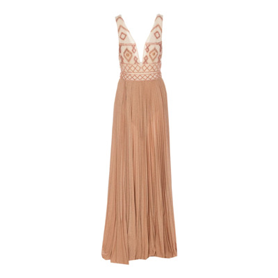 Beige Maxi Jurk met Tule en Kralen Detail Elisabetta Franchi , Beige , Dames