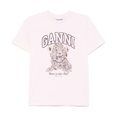 Geborduurd Logo Katoenen T-shirt Roze Ganni , Pink , Dames