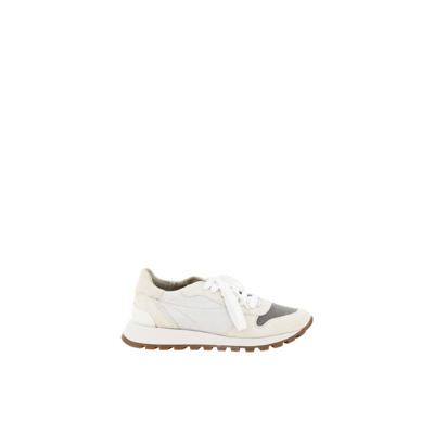 Glitter Teen Lace-Up Sneakers met Suède Detail Brunello Cucinelli , White , Dames