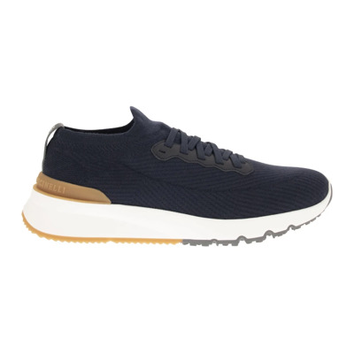 Runners van katoenen breisel en halfglanzend kalfsleer Brunello Cucinelli , Blue , Heren