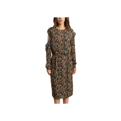 Zwarte Bloemen Midi Jurk met Peek-a-boo Schouders Essentiel Antwerp , Black , Dames