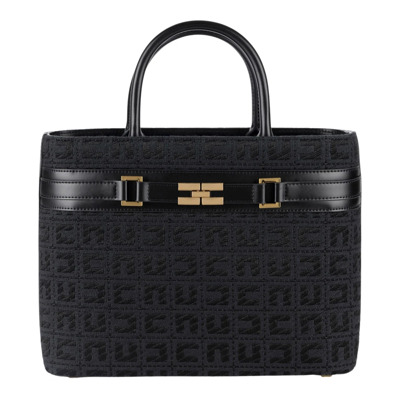 Zwarte Jacquard Shopper Tas met Gouden Logo Elisabetta Franchi , Black , Dames