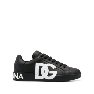 Zwarte Logo Print Leren Sneakers Dolce & Gabbana , Black , Heren