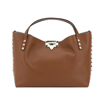 Gestructureerde Leren Rockstud Tote Tas Valentino Garavani , Brown , Dames