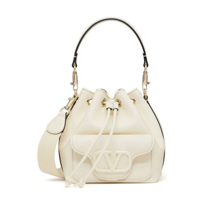 Locò Leren Bucket Tas met Emaille Detail Valentino Garavani , Beige , Dames