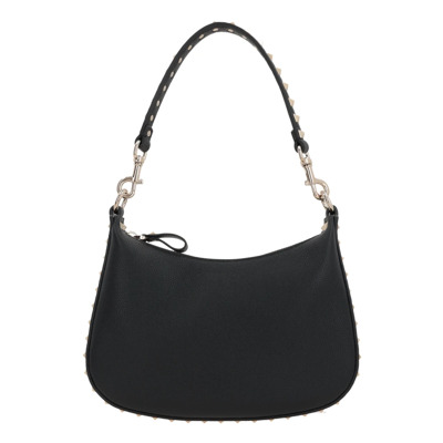 Zwarte Gehamerde Leren Hobo Tas met Platina Studs Valentino Garavani , Black , Dames